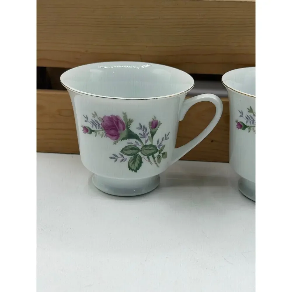 Vintage Pink Rose Porcelain Teacups with Gold Trim – Set of 5